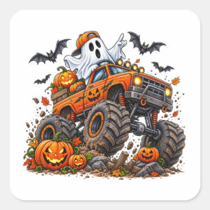 Pegatina Cuadrada Camión Monstruo de Halloween Calabaza Fantasma Con