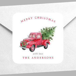 Pegatina Cuadrada Camión Rojo Acuarela Navidad Retro