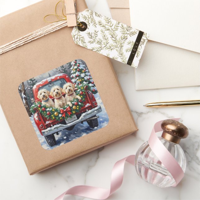 Pegatina Cuadrada Camión Rojo de Navidad Maltés Fiesta (Regalar)