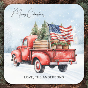 Pegatina Cuadrada Camión Rojo Navideño Vintage Bandera USA Patriótic