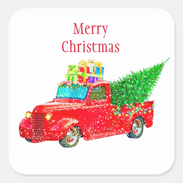 Pegatina Cuadrada Camión Rojo-Pegatinas de Navidad (Anverso)