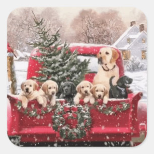 Pegatina Cuadrada Camión Rojo Retro De Navidades Cuidados Con Perros