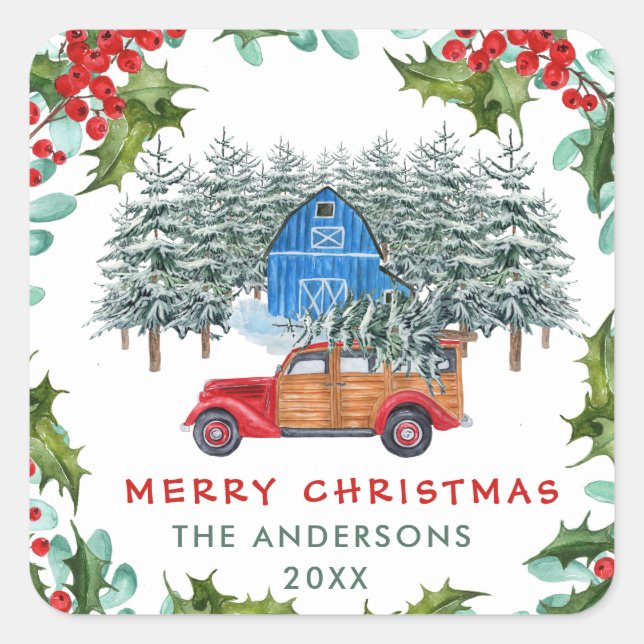 Pegatina Cuadrada Camión Rojo Rústico Retro Clásico Merry Christmas (Anverso)