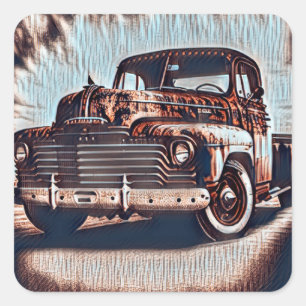Pegatina Cuadrada Camión Rústico Grunge - Belleza Vintage