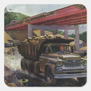 Pegatina Cuadrada Camión Volquete Empresarial Antiguo en un Sitio de