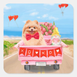 Pegatina Cuadrada Camiones de El día de San Valentín de perro de Pom