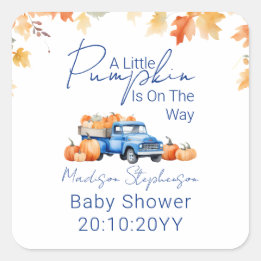 Pegatina Cuadrada Camioneta Azul y Pequeña Calabaza en Camino Baby S
