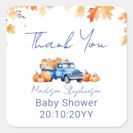 Pegatina Cuadrada Camioneta Azul y Pequeña Calabaza en Camino Baby S