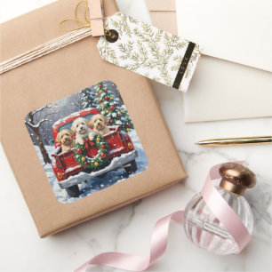 Pegatina Cuadrada Camioneta Roja de Navidad Bichon Frise Fiesta