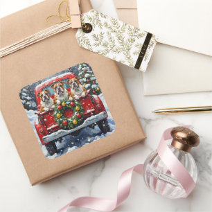 Pegatina Cuadrada Camioneta Roja de Navidad Bulldog