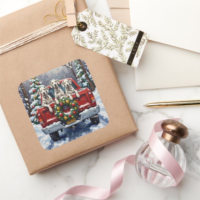 Pegatina Cuadrada Camioneta Roja de Navidad Dalmatian (Regalar)