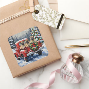 Pegatina Cuadrada Camioneta Roja de Navidad Pug Fiesta