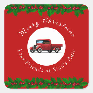 Pegatina Cuadrada Camioneta Roja Divertida de Navidad Mecánico de Re