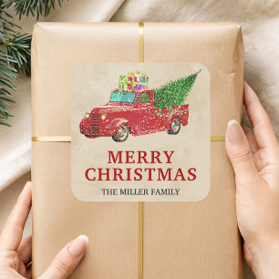 Pegatina Cuadrada Camioneta Roja Vintage de Navidad