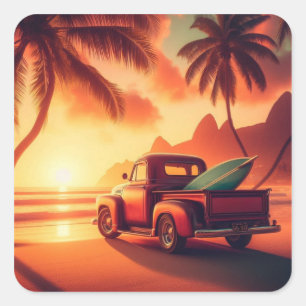 Pegatina Cuadrada camioneta surfista vintage tropical/hawaiana