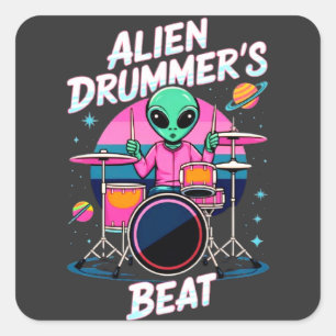 Pegatina Cuadrada Camiseta Beat de Alien Drummer - Gráfica divertida