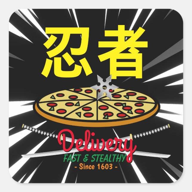 Pegatina Cuadrada Camiseta De Entrega De Pizza Ninja (Anverso)