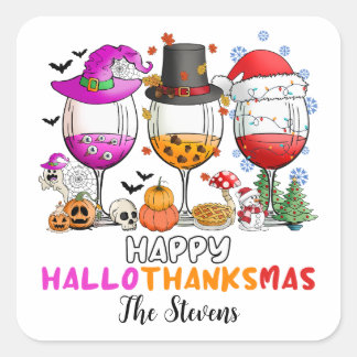 Pegatina Cuadrada Camiseta de Feliz Hallowgraciasmas Copa de Vino