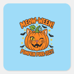 Pegatina Cuadrada Camiseta de Halloween de gato lindo Meow Ween Pump