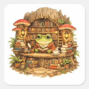 Pegatina Cuadrada Camiseta de la Librería de Rana Rana Cottagecore