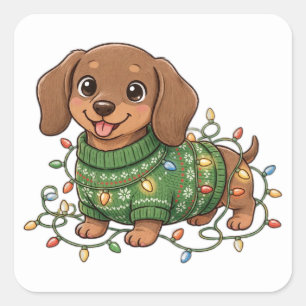 Pegatina Cuadrada Camiseta de Navidad de Cachorro Salchicha con Luce