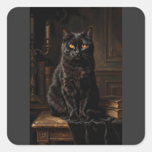 Pegatina Cuadrada Camiseta de pintura al óleo de retrato de gato neg