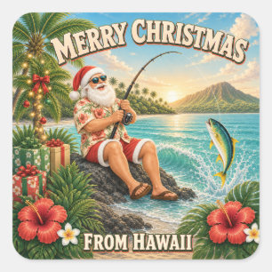 Pegatina Cuadrada Camiseta de Santa pescando en Hawaii Navidad