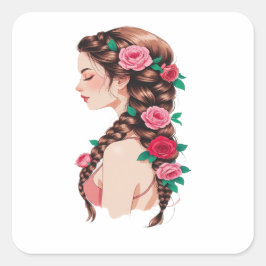 Pegatina Cuadrada Camiseta floral de cabello trenzado de rosa para m