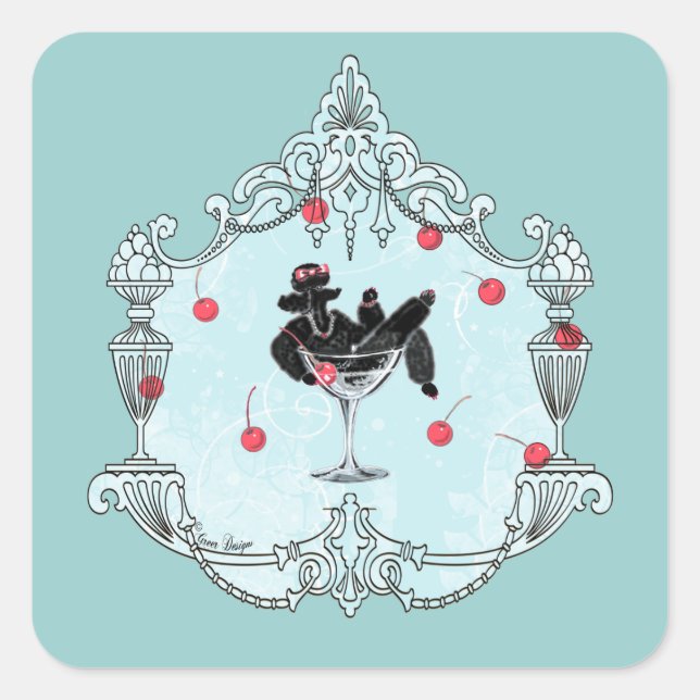 Pegatina Cuadrada Camiseta negra champán y cerezas (Anverso)