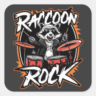 Pegatina Cuadrada Camiseta Raccoon Rock - Funny Raccoon Cowboy Desig
