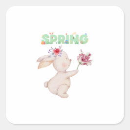 Pegatina Cuadrada Camiseta Retro de Bunny con Gráfica de Tulipán