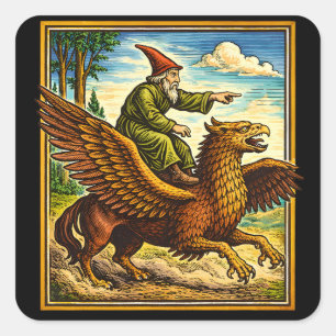 Pegatina Cuadrada Camiseta Retro Medieval Fantasía de Jinete de Cara