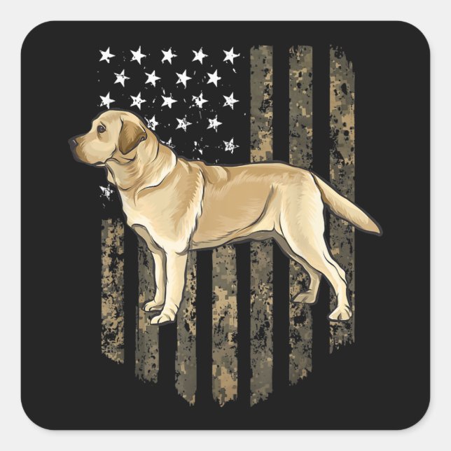 Pegatina Cuadrada Camo American Flag Yellow Labrador Retriever  (Anverso)