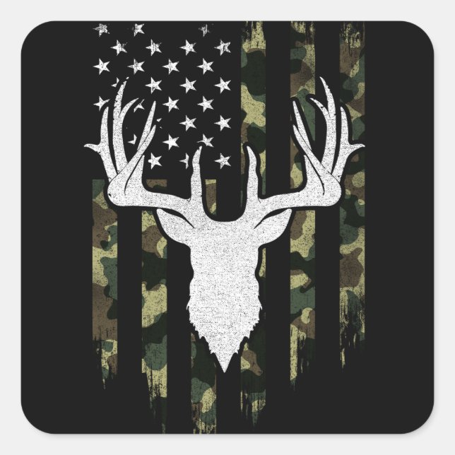 Pegatina Cuadrada Camo Us Flag Deer Elk Buck Camoflage Hunting (Anverso)