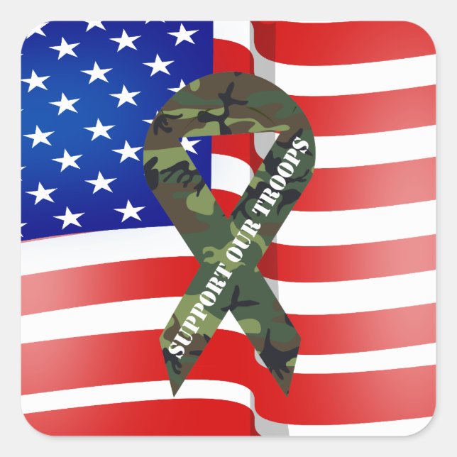 Pegatina Cuadrada Camo verde de bandera estadounidense apoya a nuest (Anverso)