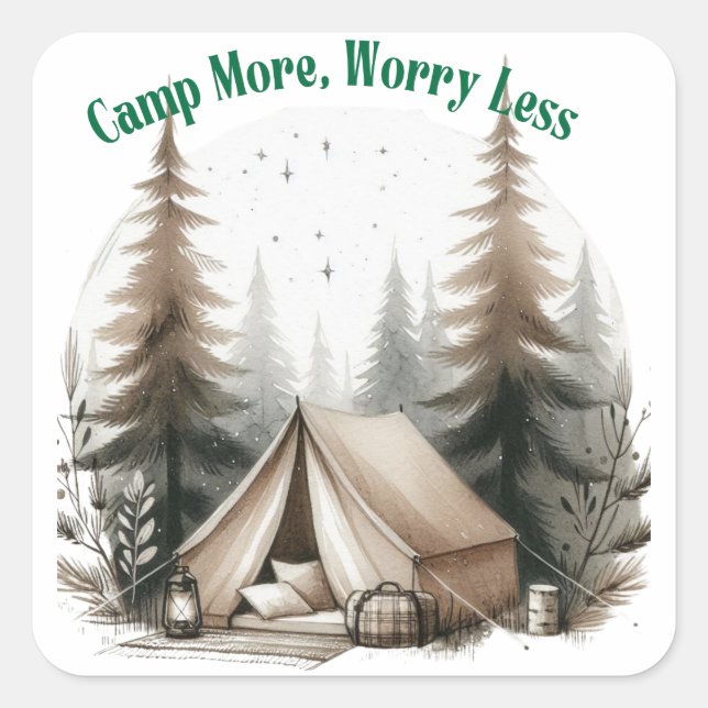 Pegatina Cuadrada Camp More, Worry Less – Tent Art in the Woods (Anverso)