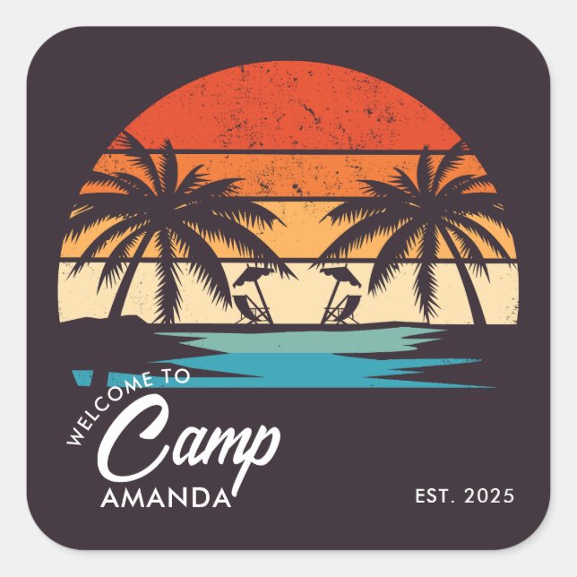 Pegatina Cuadrada Campamento de playa personalizado para despedida d (Anverso)