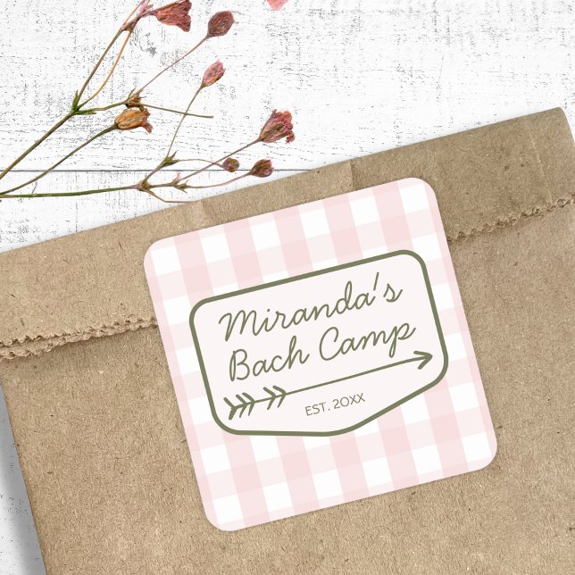 Pegatina Cuadrada Campamento de verano de Gingham Bachelorette Campi (Gingham Summer Camp Bachelorette Camping Square Sticker)