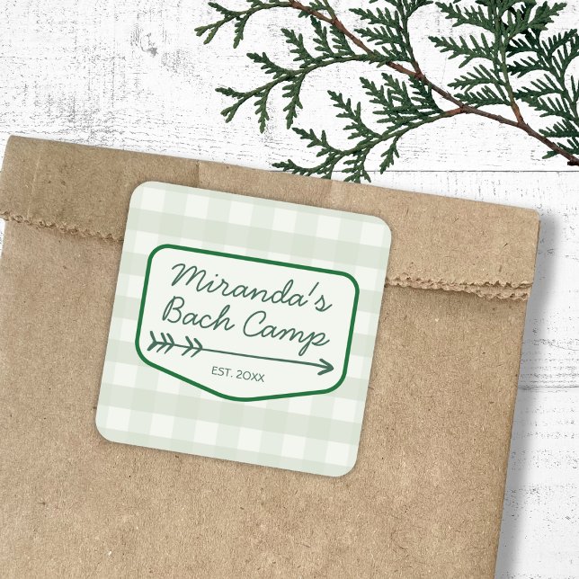Pegatina Cuadrada Campamento de verano de Gingham Bachelorette Campi (Gingham Summer Camp Bachelorette Camping Square Sticker)