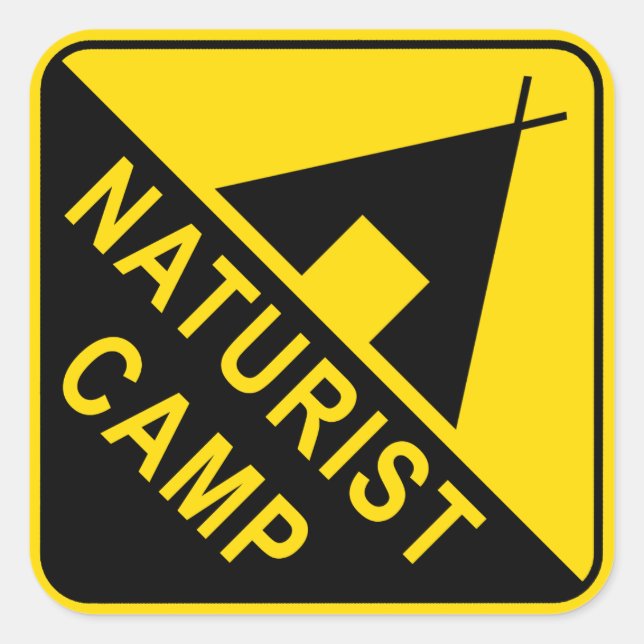 Pegatina Cuadrada Campamento Naturista, Rótulo Camping (Anverso)
