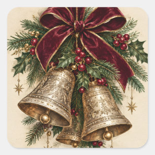Pegatina Cuadrada Campana de Navidad elegante, estilo campanas de va