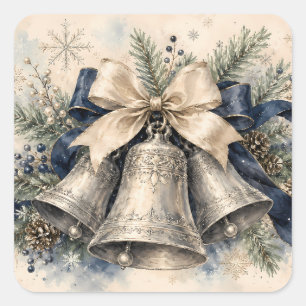 Pegatina Cuadrada Campanas de Navidad de plata elegantes en acuarela