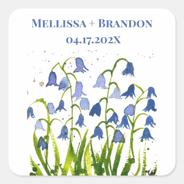 Pegatina Cuadrada Campanillas Azules Floral Verano Acuarela botánica (Anverso)