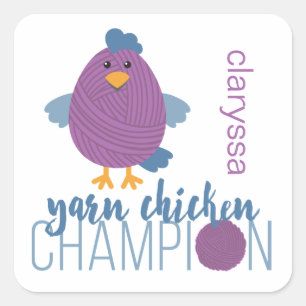 Pegatina Cuadrada Campeón de pollo morado y azul