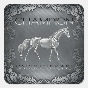 Pegatina Cuadrada Campeón de Silla Bronc Placa Grabada de Rodeo