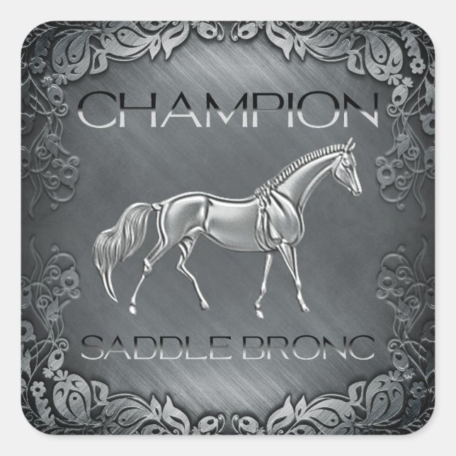 Pegatina Cuadrada Campeón de Silla Bronc Placa Grabada de Rodeo    (Anverso)