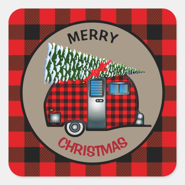 Pegatina Cuadrada Camper Trailer de Navidades de Buffalo Plaid (Anverso)