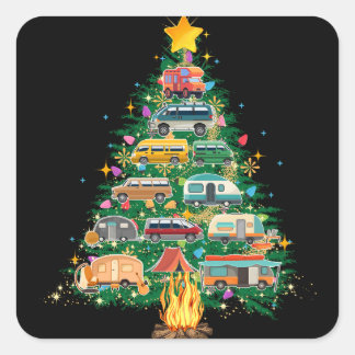 Pegatina Cuadrada Camper vehículos de árbol de Navidad Camping Rving