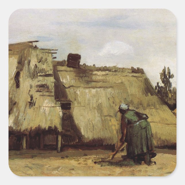 Pegatina Cuadrada Campesina excavando una cabaña de Vincent van Gogh (Anverso)