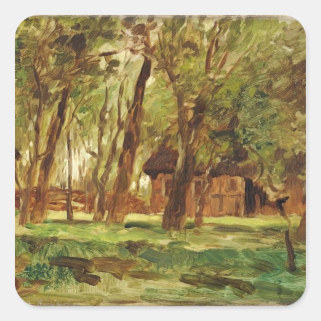 Pegatina Cuadrada Campesino bajo árboles (Anverso)
